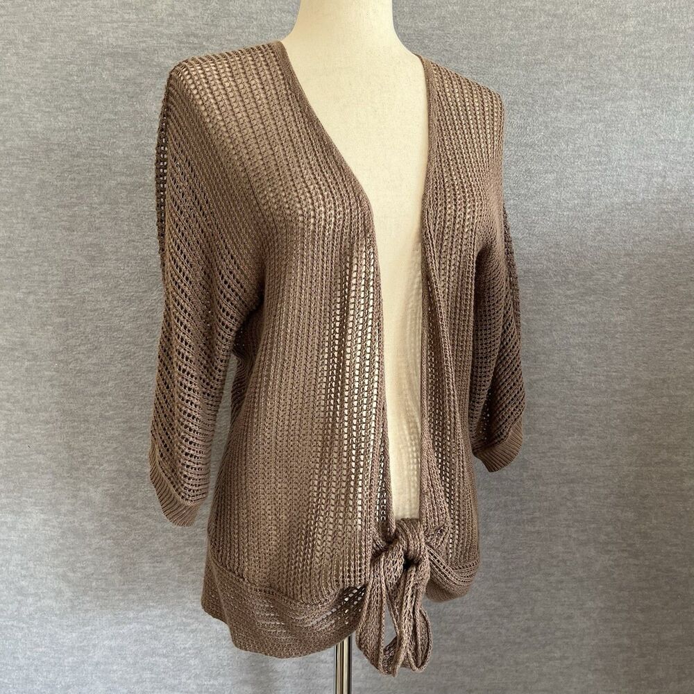 Garnet Hill Open Knit Sweater Size M Tan Brown Cardigan Coastal Grandmother Cozy